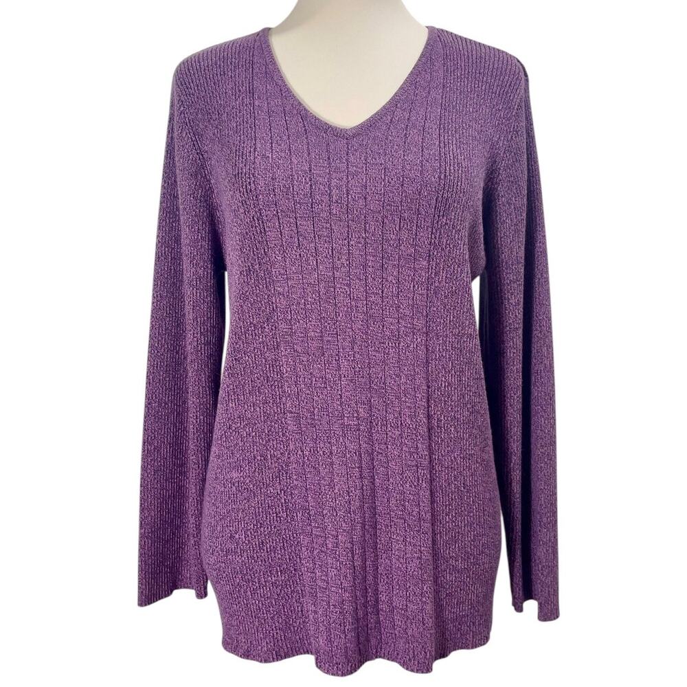 Vintage 90s Purple V-Neck Knit Sweater Top Vertical Ribbed Classic Size 18W